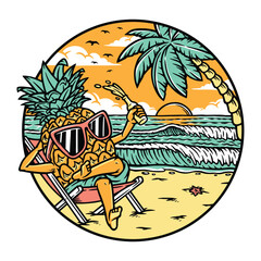 Wall Mural - Pineapple is lying down and enjoying the beach