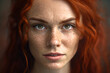 Close-up portrait of a woman with striking freckles, her red hair styled in messy waves, and a playful smirk on her lips, generative ai