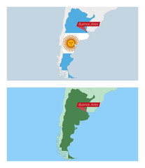 Sticker - Argentina map with pin of country capital. Two types of Argentina map with neighboring countries.