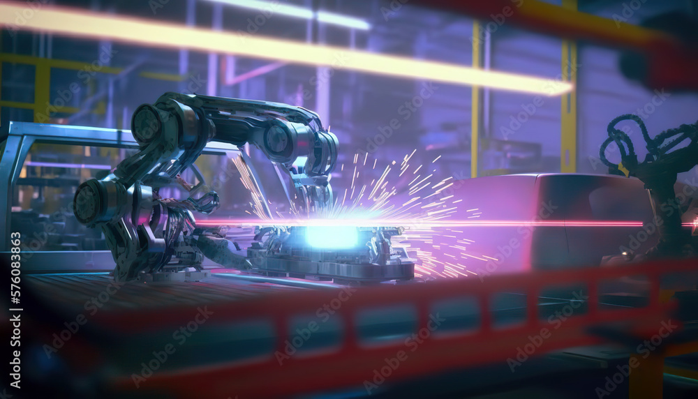 The automated robot arm on the car production line welds the car body ...