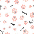 seamless repeat pattern with cute and beautiful peach pink dog paws with gray hearts on the white background perfect for fabric, scrap booking, wallpaper, gift wrap, pet fabric projects