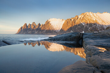 Wall Mural - Rock Devil's Jaw. Norwey, island Senja
Snow covered mountain range on coastline in winter, Norway. Panoramic view landscape nordic snow cold winter 