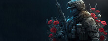 Image Modern Soldier With Weapons And Flowers. And Copy-space. Concept Of End War, Pacifism, Anti War, Peace. Generation AI