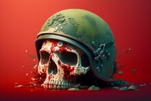 Moldy Ugly Human Bloody Skull In A Military Helmet. Isolated On Solid Color Studio Background. War, Death, Conflict Concept. The Importance Of Peace