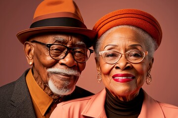 Trendy attractive smiling diverse senior mature elder couple isolated on solid color studio background 