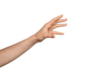 A Man's Hand Reaches For Something Or Holds Something, Fingers Wide Open. Isolate On A White Background.
