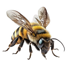 detailed bee or wasp with fluffy body, wings and big black eyes on isolated background