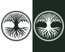Elegant Tree With Roots In Circle Stylized Black White Logo