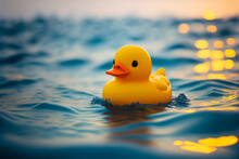 Yellow Rubber Duck Toy Floating In Water. Generative AI