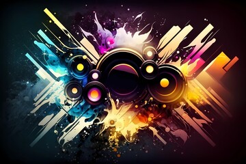 Futuristic music abstract visual background. Trendy artistic beat speakers with splash particles visualization. Vibrant musical audio soundwaves. Nightlife EDM scene sound illustration. Generative AI