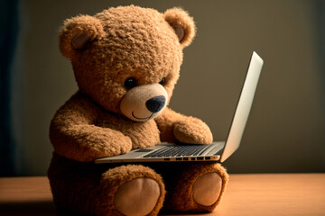 Teddy bear with a laptop. The concept of teaching children by computer. Generative AI