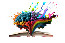 Liquid Color Design Background Fly Out Of The Book As A Fantasy. Colorful Brain Splash Brainstorm And Inspire Concept.  Isolated On Free PNG. Partially Generative AI.