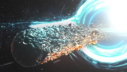 Massive Black hole pulling disintegrating blue planet in deep space.
3D rendering of large Black Hole pulling Planet, 2023

