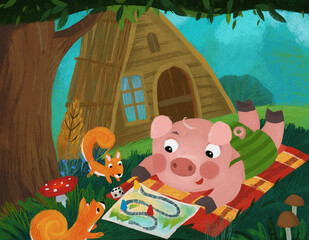 Fototapete - cartoon fairy tale scene with pin boy in the nature near the village illustration for children