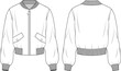 Women's Front Flap Pockets Detail Bomber Jacket. Technical fashion illustration. Front and back, white color. Women's CAD mock-up.