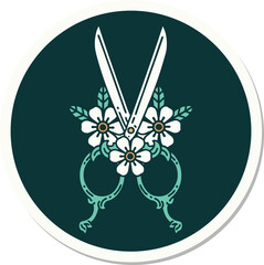 Wall Mural - tattoo style sticker of a barber scissors and flowers