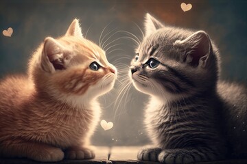 Wall Mural - Two kittens sit side by side in love. Generative AI