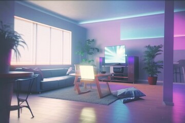 Living room home lo-fi retro 80s and 90s background. Psychic Waves, nostalgia, vintage. Vaporwave, synthwave, chillwave. Wallpaper, template. Blurry pastel colors. Generative AI.