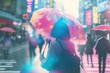 Girl with umbrella in japanese big city, tokyo lo-fi retro 80s and 90s background. Psychic Waves, nostalgia, vintage. Vaporwave, synthwave, chillwave. Wallpaper. Blurry pastel colors. Generative AI.