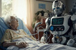 Future Elderly Care. Cyborg Robots monitoring vital signs and administering medication bedridden seniors in a nursing home or hospital. Healthcare and technological innovation concept. AI Generative