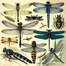 Illustration From An Old Vintage Retro Book On Dragonfly Guide Entomology, Engraving Style, Old Drawing, Ai Generative