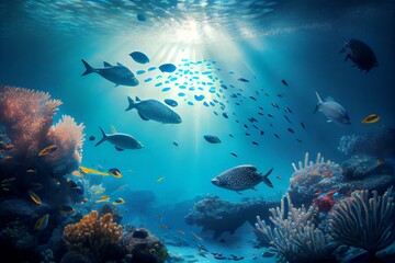 Coral Reef With Many Fish Swimming Underwater In Light Beams. Generative AI