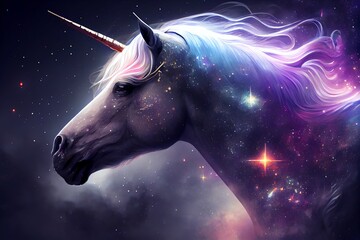Wall Mural - space unicorn in space. godlike creature, cosmic, awe inspiring, dreamy digital illustration. genera