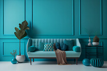 Turquoise Blue Wall With Furniture.generative Ai