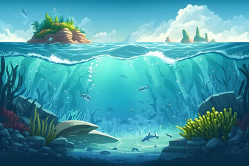 Wall Mural - Cartoon ocean paradise background. Made with Generative AI

