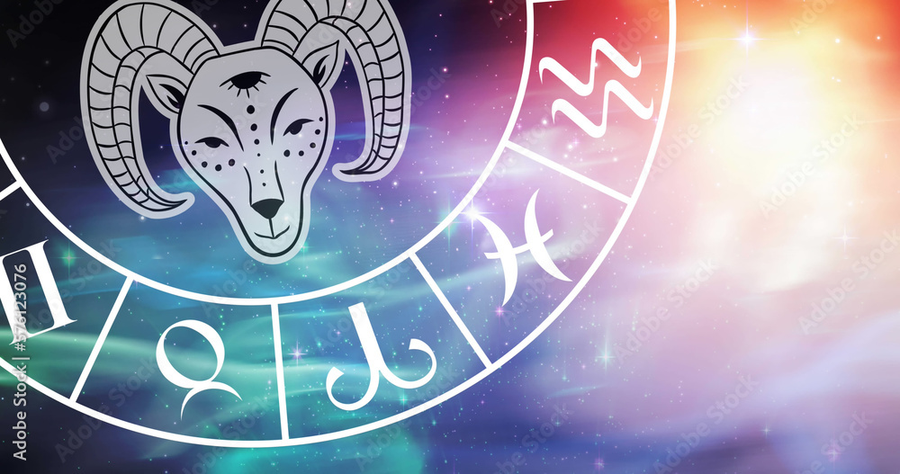 Composition of zodiac wheel with aries star sign over stars Stock ...