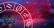 Composition of zodiac wheel with aries star sign over stars