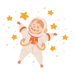 Poster - Little child in spacesuit flying in space. Kids astronaut character dreaming about space adventures cartoon vector illustration