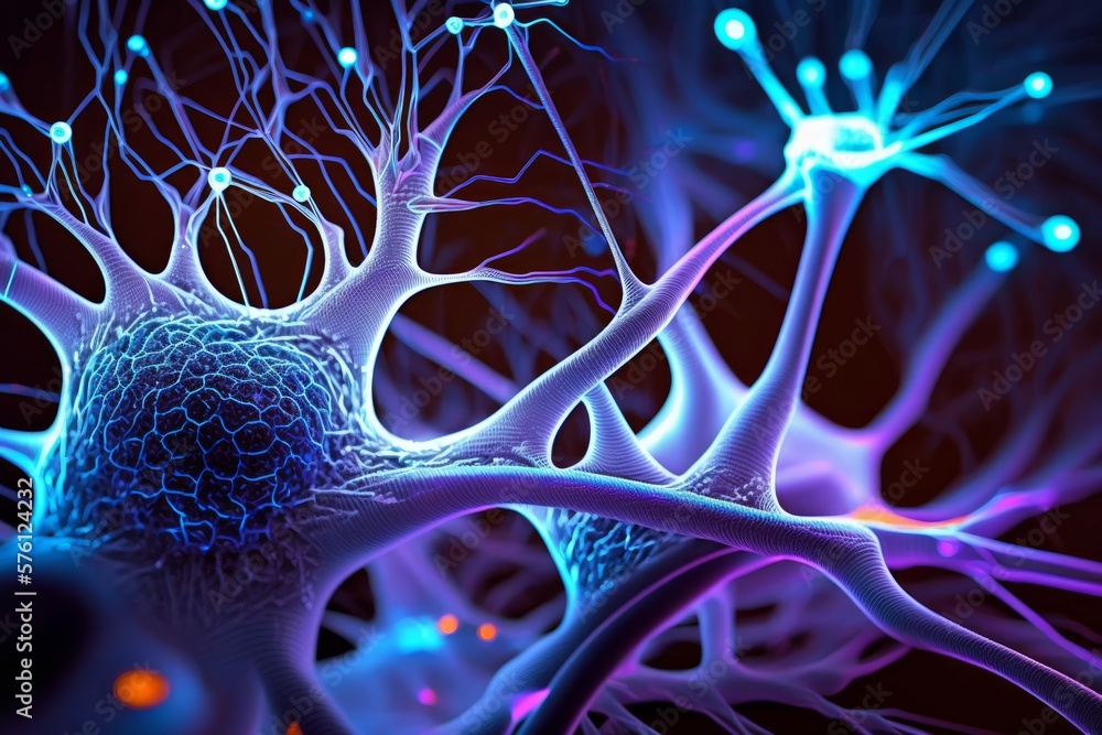 Synaptic Connections in Neon Light: Close-Up View on Neural Synapse Network, generative ai