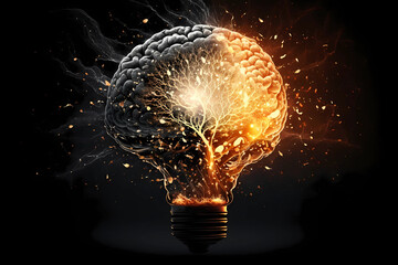 lightbulb and human brain with sparks on black background, generative ai