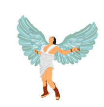 Greek Mythology Winged Man Icarus Vector Illustration Isolated On White Background. Flying Boy With Spread Wings Fall Down Against Strong Sun Rays. Brave Athlete Muscular Male From Fairy Tale.