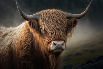 Wall Mural - portrait of a highland cow,  Created using generative AI tools.