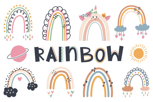 set of cute hand draw rainbow, sun, cloud, star, weather in boho style. cartoon doodle clipart eleme