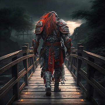 Japanese warrior walking on a wood bridge