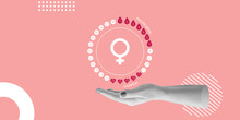 Menstrual Cycle Over The Female Hand. Contraception, Pregnancy Planning Concept. Minimalistic Collage