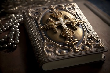 Sticker - Wallpaper Illustration and background of Holy Bible, Sacred book. Front view. Concept of religion, word of god, god, jesus christ. Generative AI.