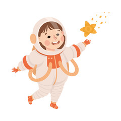 Poster - Little girl in spacesuit flying in outer space cartoon vector illustration