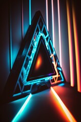 Sticker - A glowing high tech background with triangles and neon lines and lights. Generative AI. 