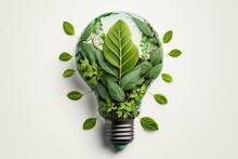 Eco Friendly Lightbulb From Fresh Leaves Top Vie, Concept Of Renewable Energy And Sustainable Living, Created With Generative AI Technology