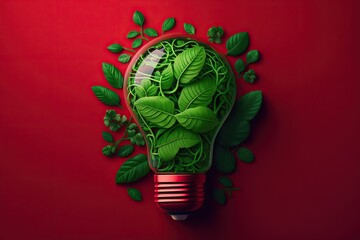 Eco friendly lightbulb from fresh leaves top vie, concept of Renewable Energy and Sustainable Living, created with Generative AI technology