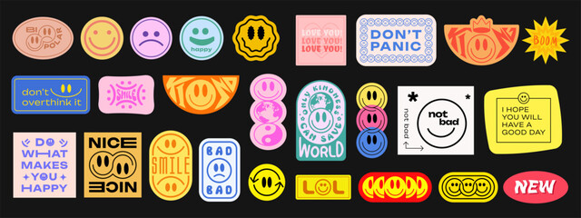 Poster - Cool Trendy Groovy Stickers Set. Collection of Y2K Patches Vector Design. Pop Art Badges. Smile Emoticons.