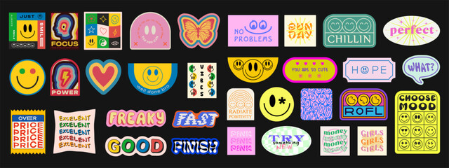 Poster - Cool Trendy Geometric Smile Stickers Set. Collection Of Groovy Patches. Pop Art Y2K Badges. Vector Emoticons.