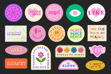 Poster - Set Of Cool Trendy Groovy Stickers Vector Design. Pop Art patches. Y2K Badges.