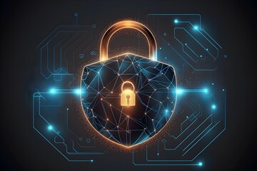 Wallpaper Illustration and background of cyber security data protection shield, with key lock security system, technology digital. Front view. Concept of database security software. Generative AI