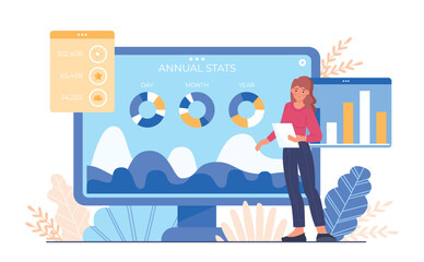 Wall Mural - website stats concept. young girl analyzes graphs, charts and diagrams, seo specialist evaluates use