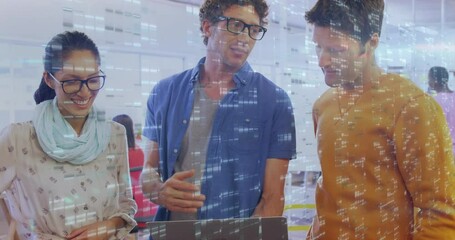 Poster - Animation of screens of mosaic squares over diverse colleagues discussing over a laptop at office